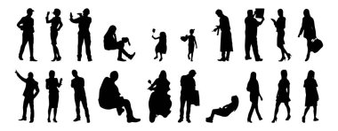 Vektör siluetleri, insanların ana hatları, Contour çizimleri, insanların siluetleri, ikon kümesi izole edilmiş, oturan insanların silueti, mimari set