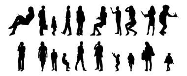 Vektör siluetleri, insanların ana hatları, Contour çizimleri, insanların siluetleri, ikon kümesi izole edilmiş, oturan insanların silueti, mimari set