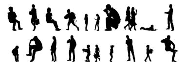 Vektör siluetleri, insanların ana hatları, Contour çizimleri, insanların siluetleri, ikon kümesi izole edilmiş, oturan insanların silueti, mimari set