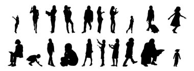 Vektör siluetleri, insanların ana hatları, Contour çizimleri, insanların siluetleri, ikon kümesi izole edilmiş, oturan insanların silueti, mimari set