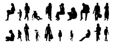 Vektör siluetleri, insanların ana hatları, Contour çizimleri, insanların siluetleri, ikon kümesi izole edilmiş, oturan insanların silueti, mimari set