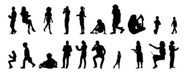 Vektör siluetleri, insanların ana hatları, Contour çizimleri, insanların siluetleri, ikon kümesi izole edilmiş, oturan insanların silueti, mimari set