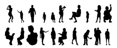 Vektör siluetleri, insanların ana hatları, Contour çizimleri, insanların siluetleri, ikon kümesi izole edilmiş, oturan insanların silueti, mimari set