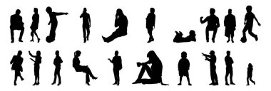 Vektör siluetleri, insanların ana hatları, Contour çizimleri, insanların siluetleri, ikon kümesi izole edilmiş, oturan insanların silueti, mimari set