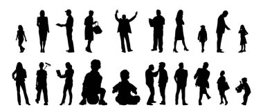 Vektör siluetleri, insanların ana hatları, Contour çizimleri, insanların siluetleri, ikon kümesi izole edilmiş, oturan insanların silueti, mimari set