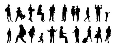 Vektör siluetleri, insanların ana hatları, Contour çizimleri, insanların siluetleri, ikon kümesi izole edilmiş, oturan insanların silueti, mimari set