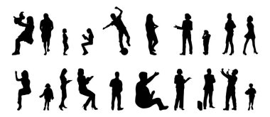 Vektör siluetleri, insanların ana hatları, Contour çizimleri, insanların siluetleri, ikon kümesi izole edilmiş, oturan insanların silueti, mimari set