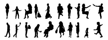 Vektör siluetleri, insanların ana hatları, Contour çizimleri, insanların siluetleri, ikon kümesi izole edilmiş, oturan insanların silueti, mimari set