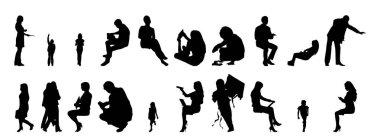 Vektör siluetleri, insanların ana hatları, Contour çizimleri, insanların siluetleri, ikon kümesi izole edilmiş, oturan insanların silueti, mimari set