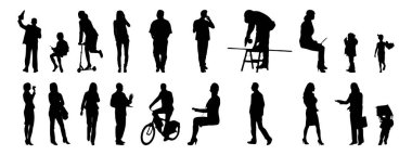 Vektör siluetleri, insanların ana hatları, Contour çizimleri, insanların siluetleri, ikon kümesi izole edilmiş, oturan insanların silueti, mimari set