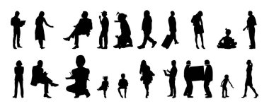 Vektör siluetleri, insanların ana hatları, Contour çizimleri, insanların siluetleri, ikon kümesi izole edilmiş, oturan insanların silueti, mimari set