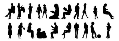 Vektör siluetleri, insanların ana hatları, Contour çizimleri, insanların siluetleri, ikon kümesi izole edilmiş, oturan insanların silueti, mimari set