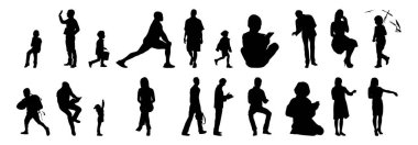 Vektör siluetleri, insanların ana hatları, Contour çizimleri, insanların siluetleri, ikon kümesi izole edilmiş, oturan insanların silueti, mimari set