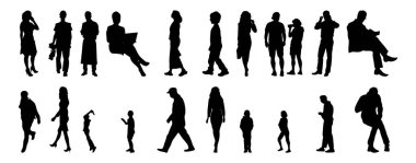 Vektör siluetleri, insanların ana hatları, Contour çizimleri, insanların siluetleri, ikon kümesi izole edilmiş, oturan insanların silueti, mimari set