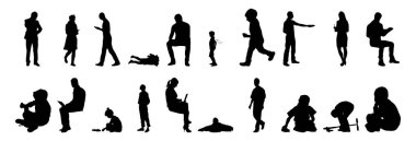 Vektör siluetleri, insanların ana hatları, Contour çizimleri, insanların siluetleri, ikon kümesi izole edilmiş, oturan insanların silueti, mimari set