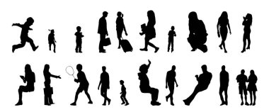 Vektör siluetleri, insanların ana hatları, Contour çizimleri, insanların siluetleri, ikon kümesi izole edilmiş, oturan insanların silueti, mimari set