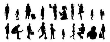 Vektör siluetleri, insanların ana hatları, Contour çizimleri, insanların siluetleri, ikon kümesi izole edilmiş, oturan insanların silueti, mimari set