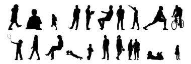 Vektör siluetleri, insanların ana hatları, Contour çizimleri, insanların siluetleri, ikon kümesi izole edilmiş, oturan insanların silueti, mimari set