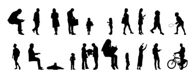 Vektör siluetleri, insanların ana hatları, Contour çizimleri, insanların siluetleri, ikon kümesi izole edilmiş, oturan insanların silueti, mimari set