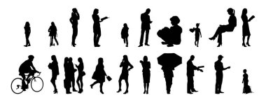 Vektör siluetleri, insanların ana hatları, Contour çizimleri, insanların siluetleri, ikon kümesi izole edilmiş, oturan insanların silueti, mimari set