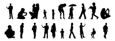 Vektör siluetleri, insanların ana hatları, Contour çizimleri, insanların siluetleri, ikon kümesi izole edilmiş, oturan insanların silueti, mimari set