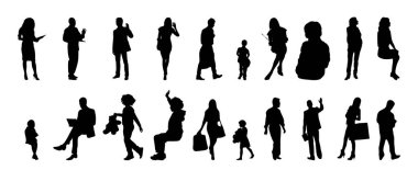 Vektör siluetleri, insanların ana hatları, Contour çizimleri, insanların siluetleri, ikon kümesi izole edilmiş, oturan insanların silueti, mimari set