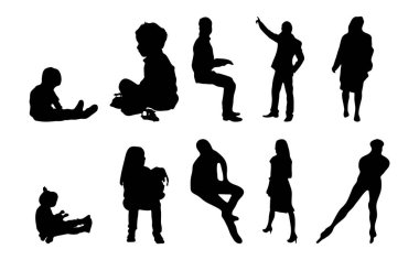 Vektör siluetleri, insanların ana hatları, Contour çizimleri, insanların siluetleri, ikon kümesi izole edilmiş, oturan insanların silueti, mimari set