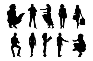 Vektör siluetleri, insanların ana hatları, Contour çizimleri, insanların siluetleri, ikon kümesi izole edilmiş, oturan insanların silueti, mimari set