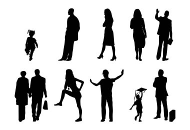 Vektör siluetleri, insanların ana hatları, Contour çizimleri, insanların siluetleri, ikon kümesi izole edilmiş, oturan insanların silueti, mimari set