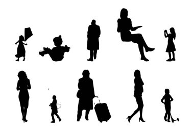 Vektör siluetleri, insanların ana hatları, Contour çizimleri, insanların siluetleri, ikon kümesi izole edilmiş, oturan insanların silueti, mimari set