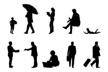 Vektör siluetleri, insanların ana hatları, Contour çizimleri, insanların siluetleri, ikon kümesi izole edilmiş, oturan insanların silueti, mimari set