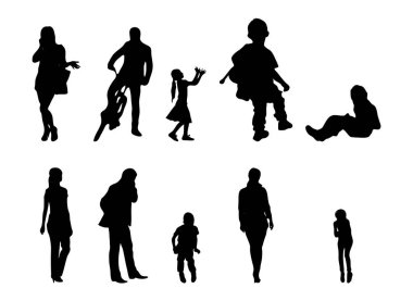 Vektör siluetleri, insanların ana hatları, Contour çizimleri, insanların siluetleri, ikon kümesi izole edilmiş, oturan insanların silueti, mimari set