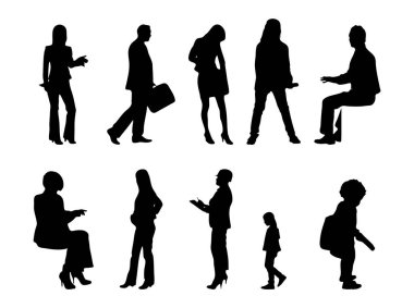 Vektör siluetleri, insanların ana hatları, Contour çizimleri, insanların siluetleri, ikon kümesi izole edilmiş, oturan insanların silueti, mimari set