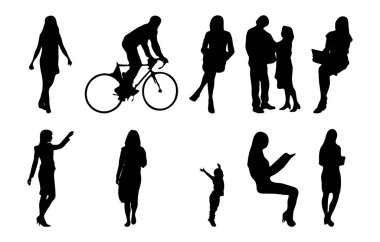Vektör siluetleri, insanların ana hatları, Contour çizimleri, insanların siluetleri, ikon kümesi izole edilmiş, oturan insanların silueti, mimari set