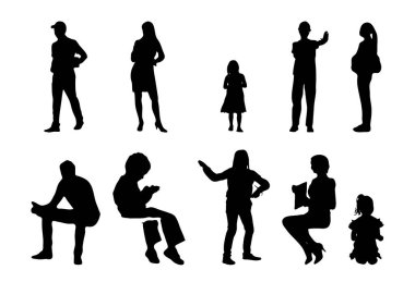 Vektör siluetleri, insanların ana hatları, Contour çizimleri, insanların siluetleri, ikon kümesi izole edilmiş, oturan insanların silueti, mimari set