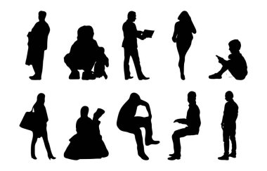 Vektör siluetleri, insanların ana hatları, Contour çizimleri, insanların siluetleri, ikon kümesi izole edilmiş, oturan insanların silueti, mimari set
