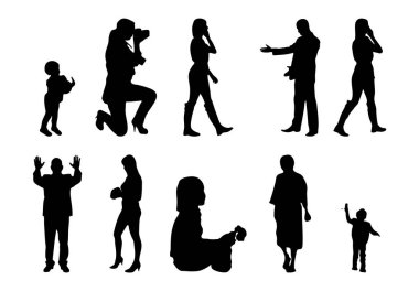 Vektör siluetleri, insanların ana hatları, Contour çizimleri, insanların siluetleri, ikon kümesi izole edilmiş, oturan insanların silueti, mimari set