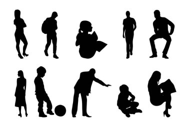 Vektör siluetleri, insanların ana hatları, Contour çizimleri, insanların siluetleri, ikon kümesi izole edilmiş, oturan insanların silueti, mimari set