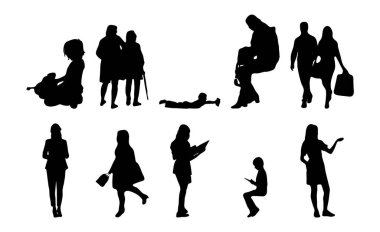 Vektör siluetleri, insanların ana hatları, Contour çizimleri, insanların siluetleri, ikon kümesi izole edilmiş, oturan insanların silueti, mimari set