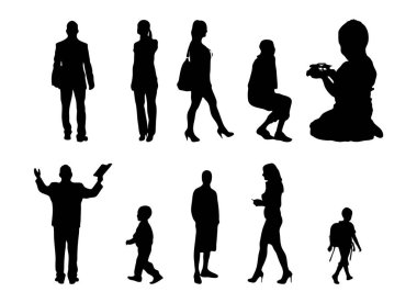 Vektör siluetleri, insanların ana hatları, Contour çizimleri, insanların siluetleri, ikon kümesi izole edilmiş, oturan insanların silueti, mimari set