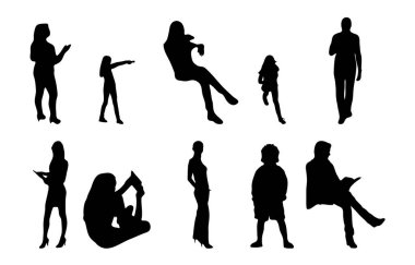 Vektör siluetleri, insanların ana hatları, Contour çizimleri, insanların siluetleri, ikon kümesi izole edilmiş, oturan insanların silueti, mimari set