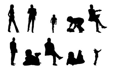 Vektör siluetleri, insanların ana hatları, Contour çizimleri, insanların siluetleri, ikon kümesi izole edilmiş, oturan insanların silueti, mimari set