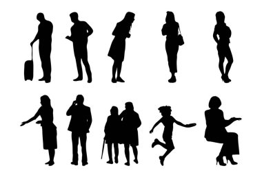 Vektör siluetleri, insanların ana hatları, Contour çizimleri, insanların siluetleri, ikon kümesi izole edilmiş, oturan insanların silueti, mimari set