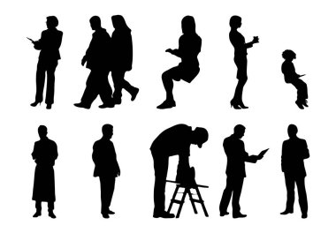 Vektör siluetleri, insanların ana hatları, Contour çizimleri, insanların siluetleri, ikon kümesi izole edilmiş, oturan insanların silueti, mimari set