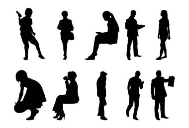 Vektör siluetleri, insanların ana hatları, Contour çizimleri, insanların siluetleri, ikon kümesi izole edilmiş, oturan insanların silueti, mimari set