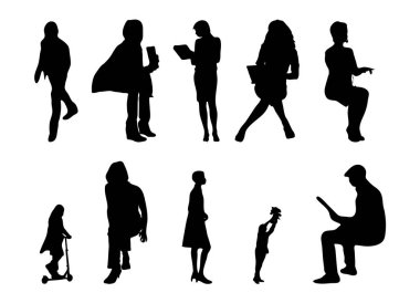 Vektör siluetleri, insanların ana hatları, Contour çizimleri, insanların siluetleri, ikon kümesi izole edilmiş, oturan insanların silueti, mimari set