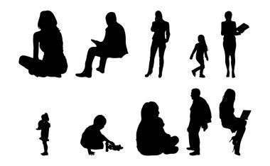 Vektör siluetleri, insanların ana hatları, Contour çizimleri, insanların siluetleri, ikon kümesi izole edilmiş, oturan insanların silueti, mimari set