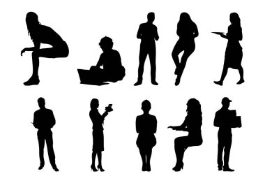 Vektör siluetleri, insanların ana hatları, Contour çizimleri, insanların siluetleri, ikon kümesi izole edilmiş, oturan insanların silueti, mimari set