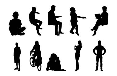 Vektör siluetleri, insanların ana hatları, Contour çizimleri, insanların siluetleri, ikon kümesi izole edilmiş, oturan insanların silueti, mimari set