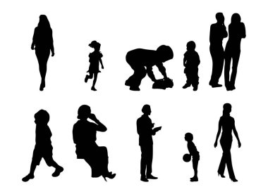 Vektör siluetleri, insanların ana hatları, Contour çizimleri, insanların siluetleri, ikon kümesi izole edilmiş, oturan insanların silueti, mimari set